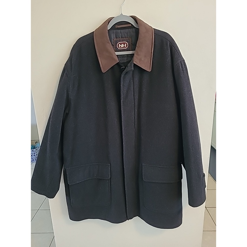 Beautiful Newport Harbor Men's Black Wool Coat Brown Leather Collar Lined 2xl?‎